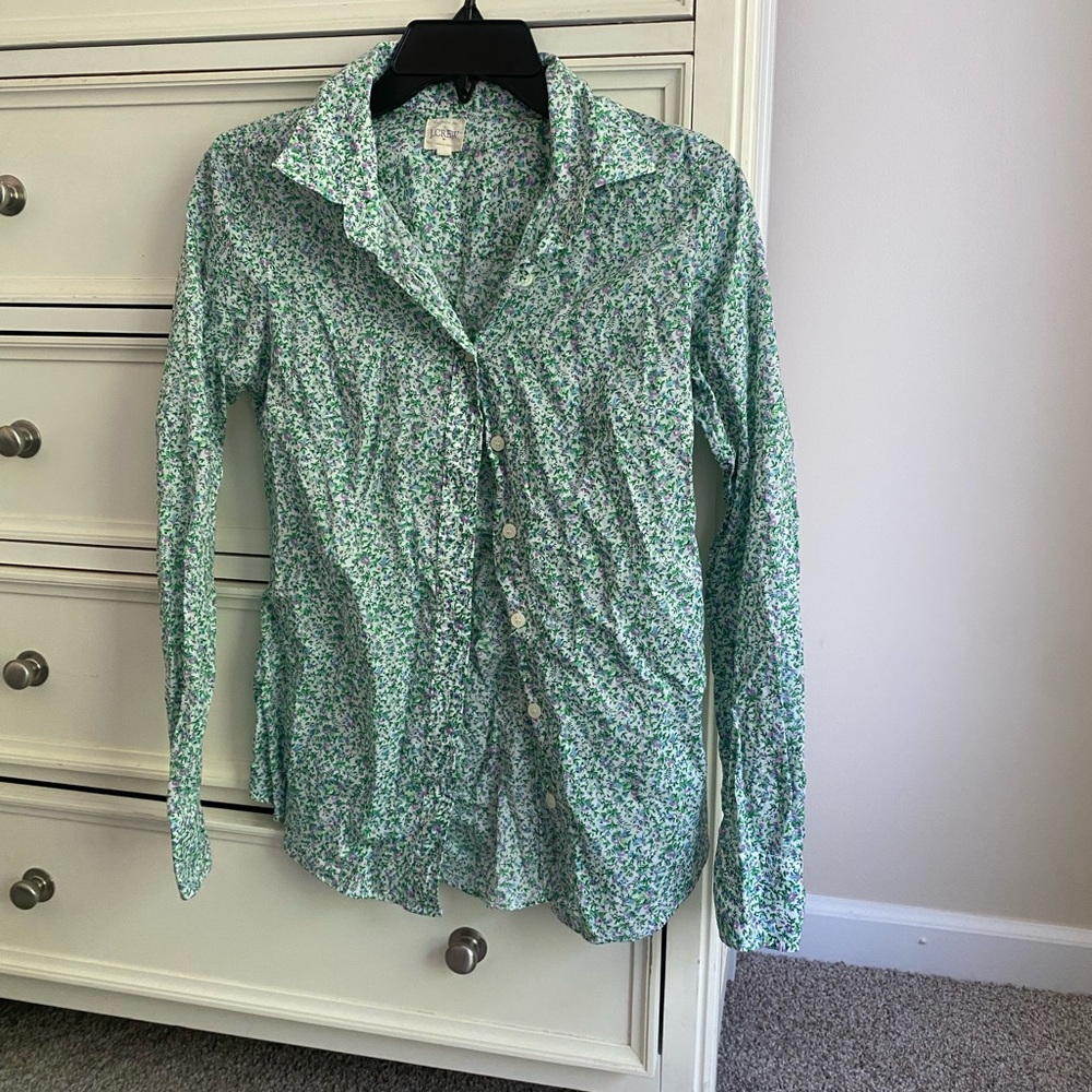 J. Crew Green and White Floral Shirt
